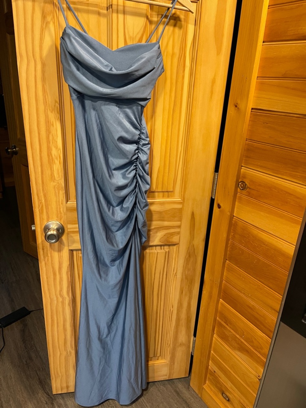 Windsor Slate Blue Satin Spaghetti Strap Dress